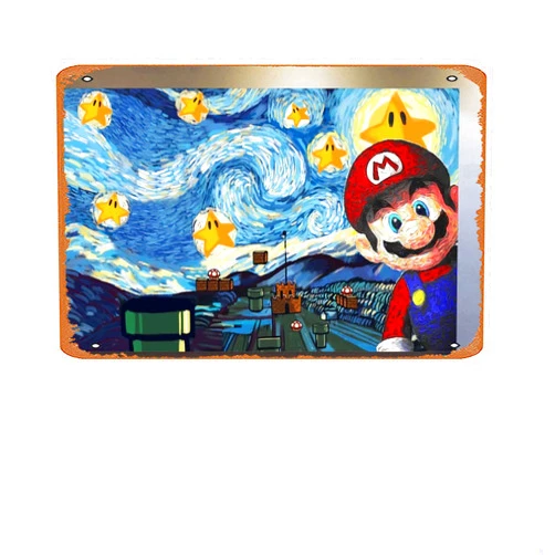 Zuhhgii Mario Super Starry Night Poster Starry Night Wall Art Decor Gamer Poster Gift Mario Poster Gift Super Star Mario Poster metal Signs Cinema Home Decoration Art Decor Tin Sign Posters for Home Kitchen(8