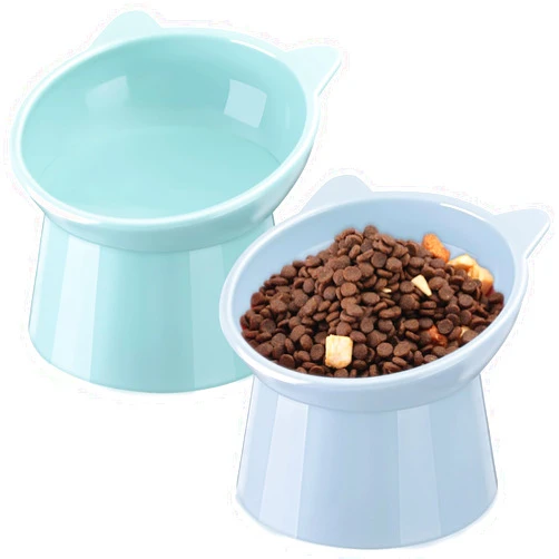Zhehao 2 Pieces Plastic Raised Bowl Tilted 15 Degrees Elevated Cat Food and Water Bowls Set Anti Vomit Dog Kitten Food Dishes Pet for Cats and Small Dogs (Green, Blue)