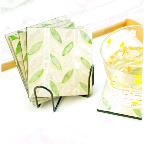 TOHOCH 6pcs Green Leafs Shell Coasters with Holder, Best Drink Coasters Round Table Coasters Set Decorative Coffee Cup Beverage Coasters Wine Beer Bar Coasters