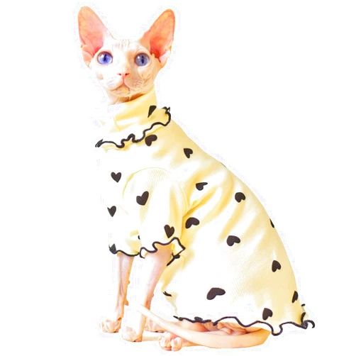 Bonaweite Sphynx Hairless Cats Clothes, Cotton Cute Heart Pattern Sweater T-Shirts with High Collar, Soft Breathable Puff Sleeves Kitten Cat Wear Shirt Apparel for Cornish Rex, Devon Rex, Peterbald