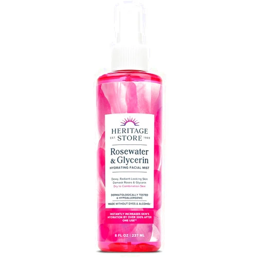 HERITAGE STORE Rosewater & Glycerin Hydrating Facial Mist - Dry Combination Skin Care - Rose Water Spray w/ Vegetable Glycerine, Made Without Dyes or Alcohol, Hypoallergenic, Vegan, Cruelty Free, 8oz