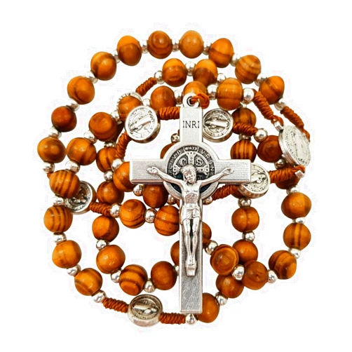 TALISMAN4U Olive Wood Rosary Beads Catholic Necklace St Saint Benedict Medal Crucifix Jerusalem Cross Gift Box