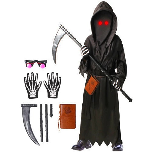 Oskiner Grim Reaper Costume for Kids, Scary Halloween Costume for Boys with Glowing Red Eyes/Scythe/Notebook/Gloves