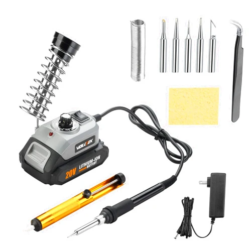 VOLLTEK 20V 2000mAh，Max 70W Cordless Soldering Iron Station Kit w 6 Extra Iron Tips, Lead-Free Solder, Auto Sleep，Adjustable Temperature 200 to 480℃ Solder Iron Stand for Welding and Repairing