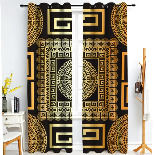 TOARTE Blackout Curtains Thermal Insulated Window Curtains 1㎡ Custom Size, Retro Black Gold Greek Key Meander 3D Geometric Gold Print Luxury Grommet Window Curtain for Bedroom Living Room Patio