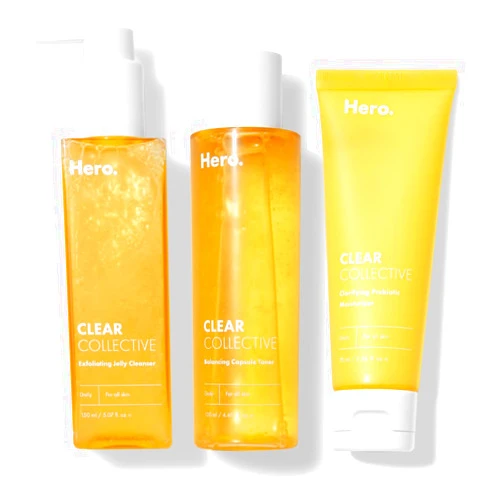 Mighty Patch Clear Collective Trio Bundle from Hero Cosmetics - Exfoliating Jelly Cleanser, Clarifying Prebiotic Moisturizer, and Balancing Capsule Toner
