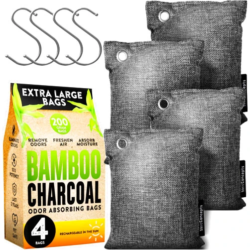 BASIC CONCEPTS Charcoal Odor Absorber for Strong Odor (Large, 4 Pack, 200g each), Bamboo Charcoal Air Purifying Bag, Basement Musty Odor Eliminator Deodorizer, Activated Charcoal Odor Absorber for Closet, Shoe, Car