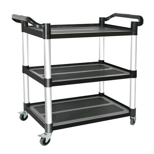 MAYNIYJK Plastic Utility Carts with Wheels, 3-Tier Restaurant Cart, Heavy Duty Rolling Cart Food Service Cart 420LBS, Bus Cart with Lockable Wheels and Rubber Hammer for Warehouse/Kitchen, Black