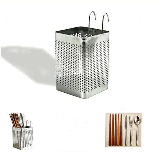 Yayaboqu Stainless Steel Utensil Holder with Hooks, Perforated Chopstick Basket Organizer, Wall Mounted or Countertop Silverware Caddy, 3.94 x 2.76 Inch