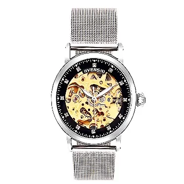 RORIOS Women Automatic Mechanical Watch Self-Winding Skeleton Dial Stainless Steel Strap Ladies Wristwatches black a