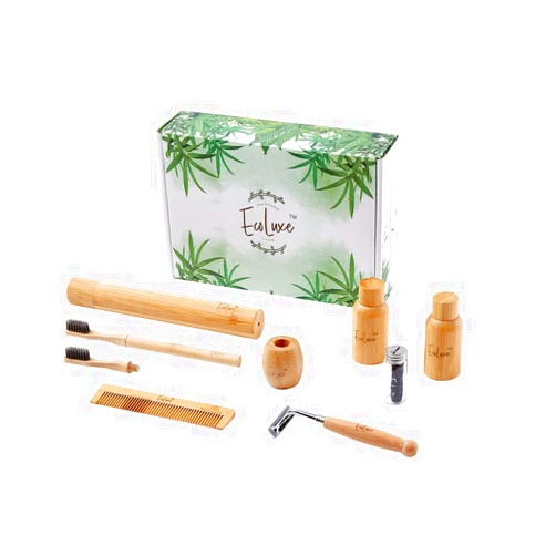 EcoLuxe Sustainable Gift Box Personal Care Travel Sized Toiletries Bundle, Bamboo Toothbrush, Dental Floss, Comb,Liquid Containers, Razor, Bamboo Travel Case and Stand, 9 Items