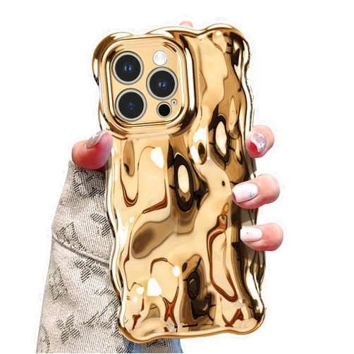 UEEBAI Ripple Case for iPhone 16 Pro Max, Cute Silver Case Wave Shape for iPhone Case Shockproof 3D Phone Case, Water Ripple Case 3D Chrome Case Pretty Case Aesthetic Case, Gold