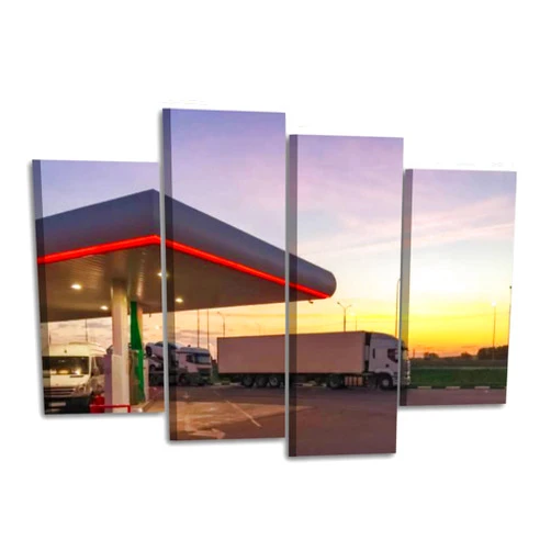 CXHSZHYZYQ Canvas Wall Art Prints Pictures Side view of gas station fueling with cars standing on it and white Stretched & Framed Modern Wall Painting Home Decor for Living Room Bedroom Ready to Hang 4 Panel