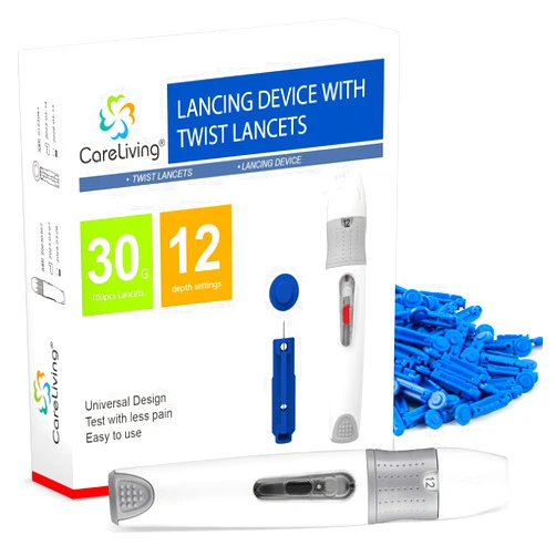 CARELIVING Lancing Device and 100 Lancets for Diabetes Testing, Single Use, 30 Gauge Lancets, for Minimizing Pain and Discomfort