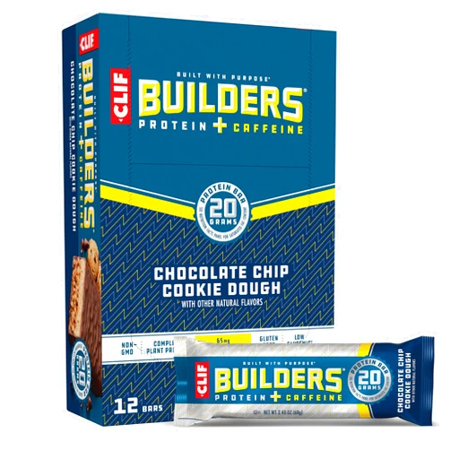 CLIF BUILDER'S CLIF Builders + Caffeine - Chocolate Chip Cookie Dough Flavor - Plant Based Protein Bars - Gluten Free - Non-GMO - Low Glycemic - 20g Protein - 2.4 oz. (12 Count)