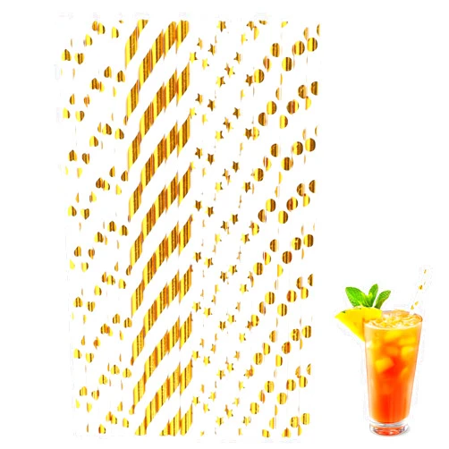 AHQiZFX 100 Pack Gold Paper Straws, Disposable Gold Paper Straws Bulk, 4 Mixed Styles Metallic Foil Striped/Dots/Heart/Star Straws for Birthday, Wedding, Bridal/Baby Shower, Celebrations and Party Supplies