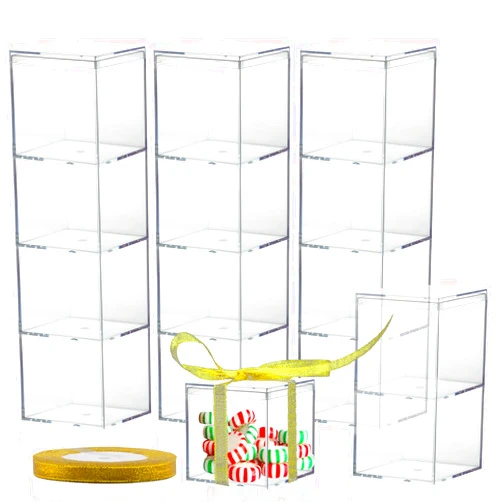 Lainrrew Clear Plastic Square Cube,15 Pack Small Acrylic Plastic Storage Box with Lids Transparent Clear Square Containers Display Boxes Gift Box with Glitter Ribbon for Candy Pill Jewelry Christmas (1.8