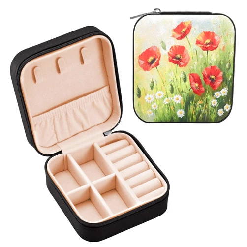 DOMIKING Red Poppies Travel Jewelry Box Portable Ring Necklace Organizer for Women Girls PU Leather Jewelry Storage Case for Earring Necklace Bracelet Ring