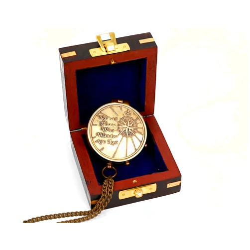 Brass Nautical - Not All Those Who Wander are Lost Brass Gift Embossed Compass with Wooden case, Graduation Day Baptism Communion Confirmation Day Motivational LOTR J.R.R. Tolkien (Wooden Box)