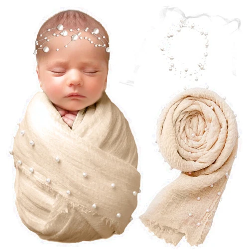 SPOKKI 2 PCS Baby Props Photography Wrap Kit, Newborn Photography Props, Handmade Pearl Wrap Blanket for Baby Photo Props with Pearl Headband, 35.5 X 67 inch Newborn Outfits for Photography (Beige)
