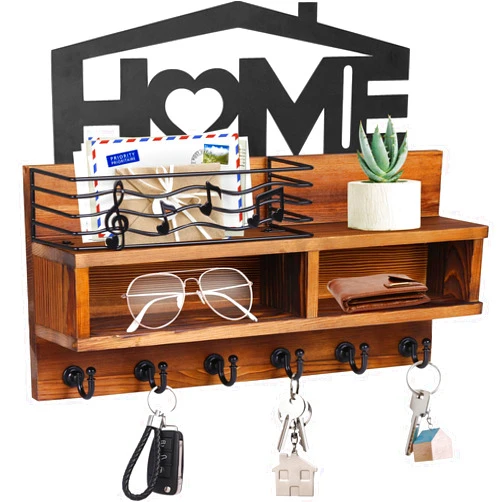 VIS'V Key Holder Wall Mount, Wooden Key Mail Holder Decorative Key Rack with Shelf Key Mail Organizer with Iron Storage Basket 6 Key Hooks 2 Compartments for Entryway Doorway Hallway Brown