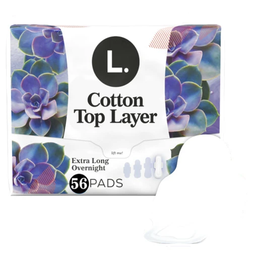 L. Extra Long Maxi Pads for Women, Overnight Absorbency, Organic Cotton Top Layer, Unscented Pads with Wings, 28 Count x 2 Packs (56 Count Total) (Packaging May Vary)