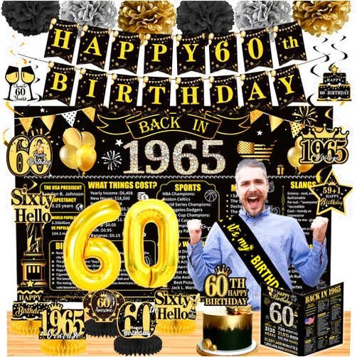 Yoyuspy 60th Birthday Decorations for Men Woman, 25PCS Back in 1965 60 Years Old Birthday Party Backdrop Banners Cake Topper 60 Balloons Birthday Card Sash Table Decor Supplies