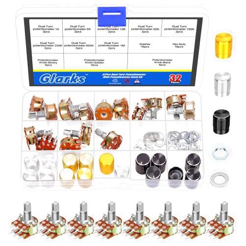 Glarks 50pcs WH148 Dual Linear Rotary Taper Potentiometer Kit, 1K 5K 10K 50K 100K 250K 500K 1MK OHM 6 Pins Split Shaft Rotary Linear, Volume Control Potentiometer with Knob for Motor Speed Control