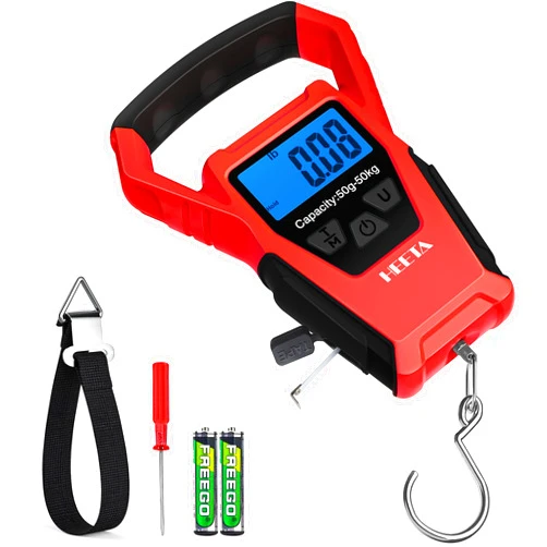 HEETA Waterproof Fish Scale Digital with Backlit LCD Display, 110lb/50kg Portable Hanging Scale Fishing Scale for Home and Outdoor, Measuring Tape and 2 AAA Batteries Included