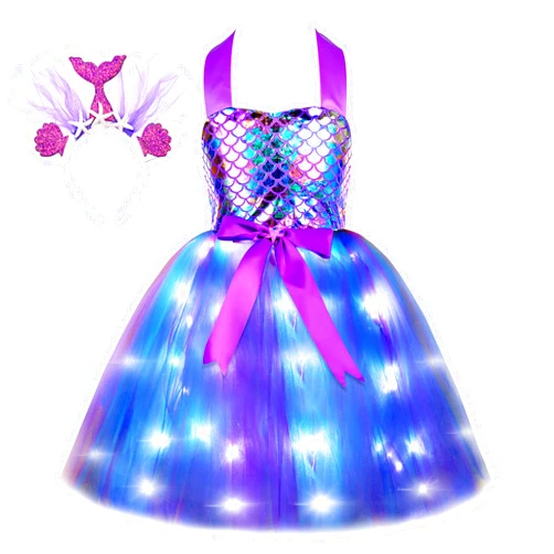 Davsolly Mermaid Costume for Girls Led Light Up Mermaid Princess Tutu for Birthday Halloween Cosplay Christmas Dress Up Gifts