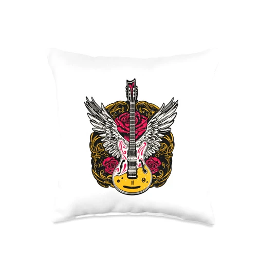 Musikinstrumente Gitarristen lustige Sprüche Electric Guitar with Wings Art for Men Women Children Throw Pillow, 16x16, Multicolor