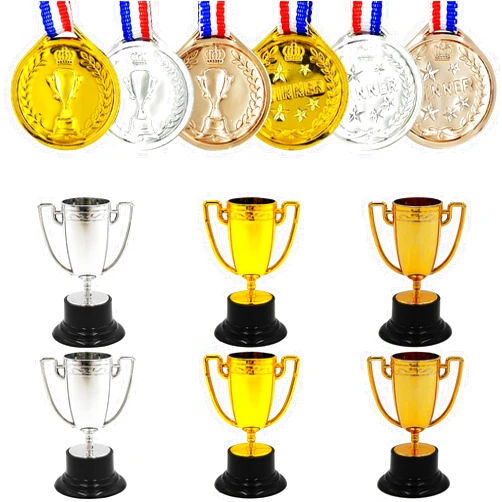 HOPELJ 6 Pack Mini Award Trophy Cup with Medals for Kids - Plastic Gold Silver Bronze Award Trophies Medals Sets for Party Favors, Gifts,Props,Winning Prizes, Family Game Rewards