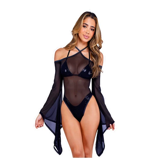 Roma womens Rave/Festival Sheer Mesh Romper With Bell Sleeves **Mesh Romper Only