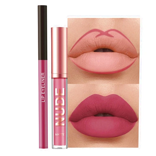 Rosarden 2Pcs Matte Lipstick and Lip Liner Set, Cream Nude Mauve Long Lasting Waterproof Lipliner Pencil & Plumper Lip Gloss, Retractable Lip Liner and Liquid Lipstick for Women Girls Lip Makeup (#02)