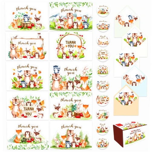 Decorably 50 Pack 6x4in Woodland Thank You Cards with Envelopes and Stickers, 10 Folded Adorable Designs for Boys & Girls, Blank Inside - Kid's Party, Theme Party, Birthdays, Gifting, Mailing