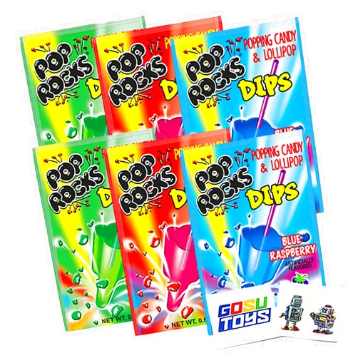 Gosu Toys Pop Rocks Dips Popping Candy and Lollipop (6 Pack) Sour Apple, Sour Strawberry, Blue Raspberry with 2 Gosutoys Stickers
