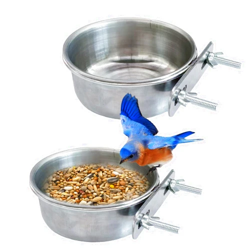 Ohtum 2Pcs Small Bird Bowls for Cage Stainless Steel, Parakeet Feeding Dish Cups with Clamp Holder, Hanging Hamster Foraging Food & Water Bowl for Parrot Cockatiel Budgies Bunny Hedgehog (2 Packs, S)