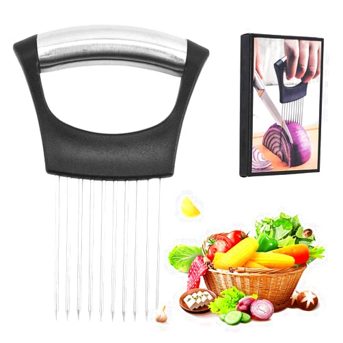 XieJY Stainless Steel Onion Slice Holder, 2024 Upgrade Onion Holder Onion Cutter, Multifunctional Slice Fixing Artifact for Onion and Tomato Slicing Fruit and Meat Kitchen Slicer Tool (1 Pack)