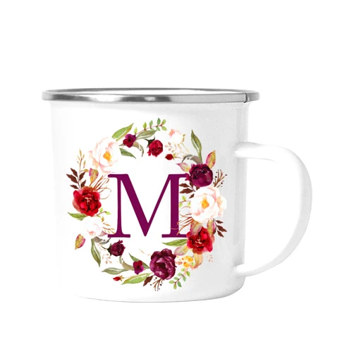 Andaz Press Stainless Steel 11oz. Campfire Coffee Mug Gift, Fall Autumn Burgundy Marsala Floral Wreath Monogram Initial Letter M, 1-Pack, Christmas Birthday Camping Camp Cup, Includes Gift Box