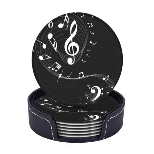 Famame 6 Pcs Musical Music Notes Staff Clef Leather Coasters for Drinks with Holder Coaster Sets Drink Table Cup Coasters for Living Room Kitchen Coffee Decor