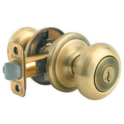 Kwikset Juno Entry Door Knob with Lock and Key, Secure Keyed Handle Exterior, Front Entrance and Bedroom, Antique Brass, Pick Resistant SmartKey Rekey Security and Microban