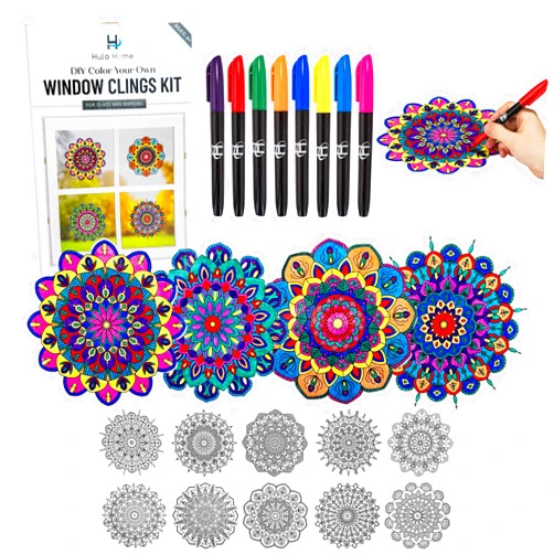 Hula Home Stained Glass Mandala Art Kit - DIY Window Clings with Markers, 10 Suncatchers - Perfect Hobby for Adults, Kids, Teens & Seniors - Ideal Gift for Beginners, Women & Elderly