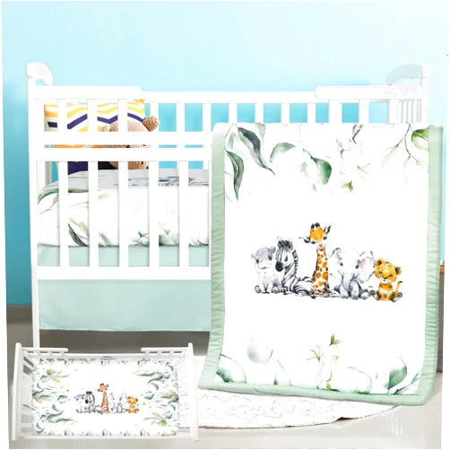 Hahafelt 3 Pcs Baby Crib Bedding Set Baby Safari Animals Crib Bedding Set Watercolor Eucalyptus Jungle Animals Crib Set Includes Quilt,Fitted Crib Sheet, Crib Skirt for Baby Boy Girl(Safari)