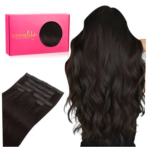 WENNALIFE Lace Seamless Clip in Hair Extensions Human Hair 7pcs Ultra Invisible 50% Thinner Seamless Clip Ins Jet Black Natural Remy Hair 14 Inch