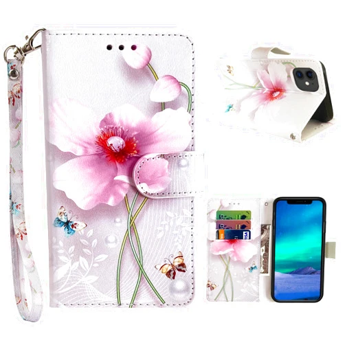 JanCalm Compatible with iPhone 12 Wallet Case/iPhone 12 Pro Wallet Case, Floral Pattern PU Leather [Wrist Strap][Card/Cash Slots] Stand Feature Flip Cases Cover for iPhone 12/12 Pro (Pearl Flower)