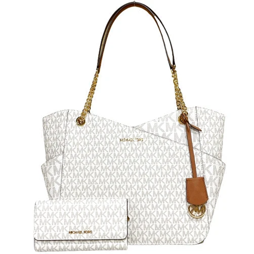 Michael Michael Kors Michael Kors Jet Set Travel Large Chain Shoulder Tote bundled with Trifold Wallet (Vanilla MK 2021)