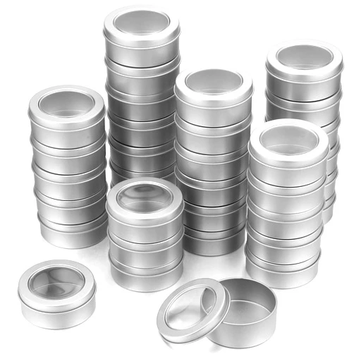 TecUnite 40 Pack 2 Ounce Metal Tin Cans Round Empty Container Salve Tins with Clear Lid for Kitchen, Office, Candles, Candies