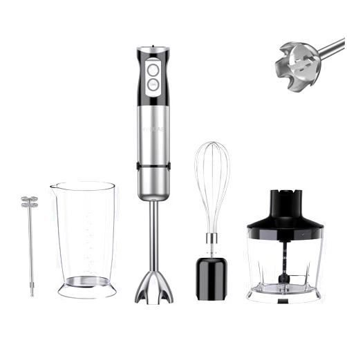 HOUCAE Hand Blender, Turbo for Finer Results, 4-in-1 Gift Set, 500 Watt 6-Speed Immersion Multi-Purpose Hand Blender Heavy Duty Copper Motor Brushed 304 Stainless Steel With Whisk, Milk Frother Attachments. Black.