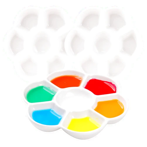 MEEDEN 7-Well Studio Porcelain Paint Palette Tray,Set of 3 w/Color Box, Artist Mixing Colour Tray by 4-3/4 Inches for Watercolor Gouache Painting,Round,White