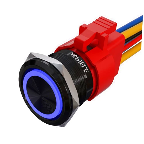 APIELE 10 Amp 22mm Momentary Push Button Switch 12V Angel Eye LED Waterproof Round Self Reset 7/8'' 1NO 1NC (Black Aluminum, Blue)